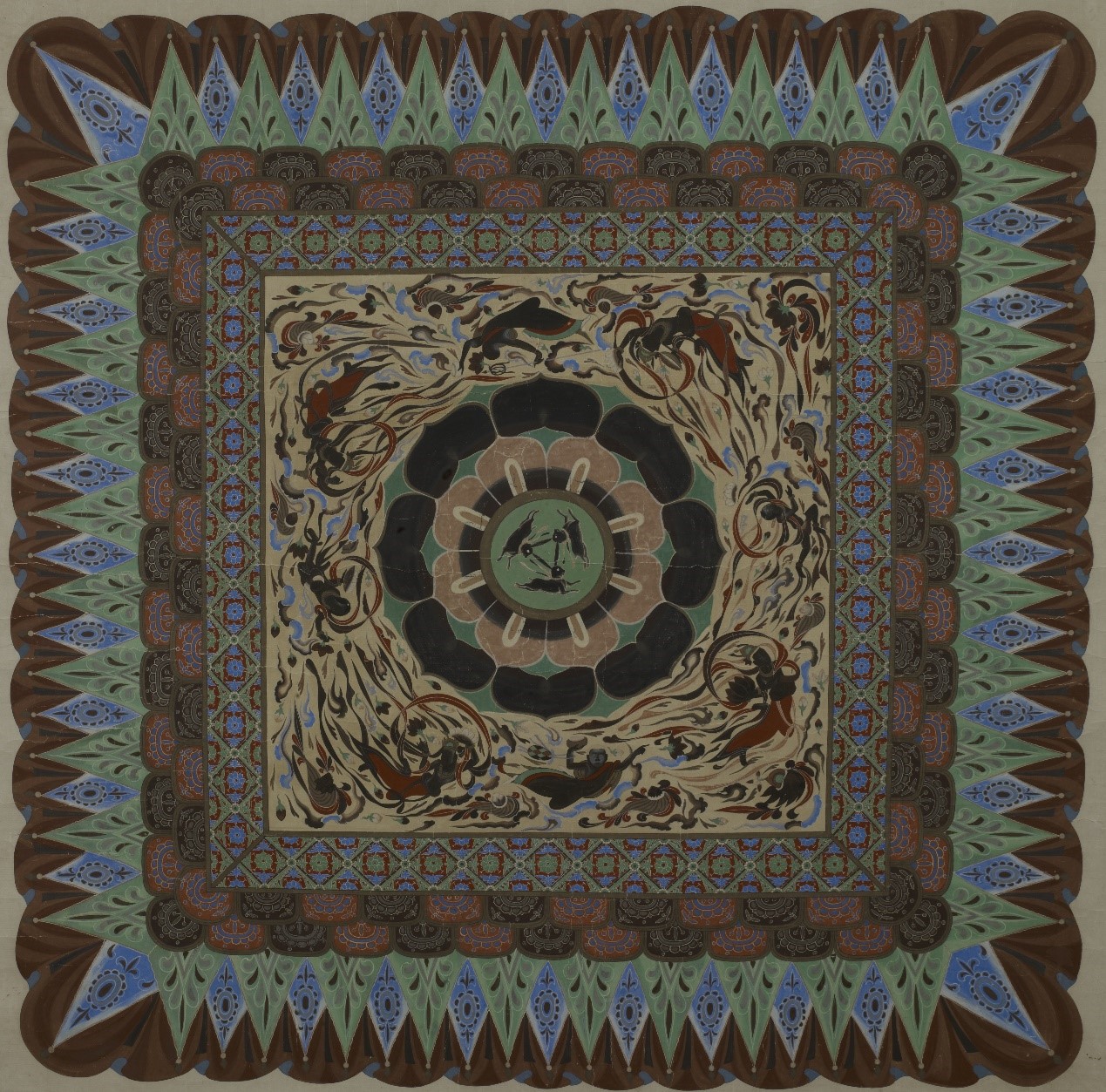 <h2>第407窟三兔飞天藻井</h2><p>作者：段文杰 李复</p><p>创作年代：1954年</p><p>规格：127cm×127cm</p>